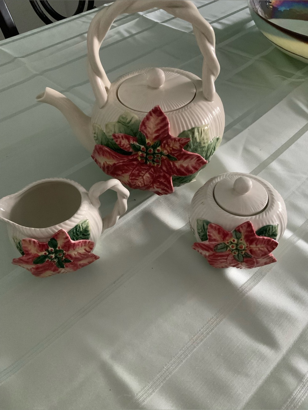 NWT Fitz & Floyd Poinsettia Ceramic Tea Set - White with Red Floral Accent